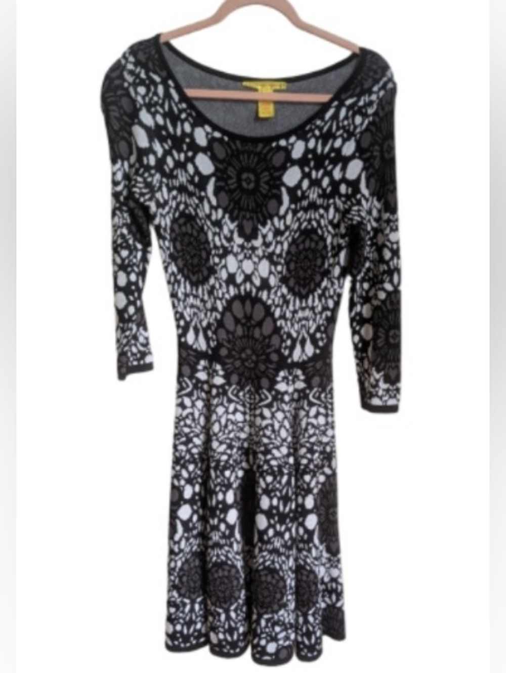 CATHERINE MALANDRINO Izyy Black White Floral Jacquard Knit Flare Midi Dress 8